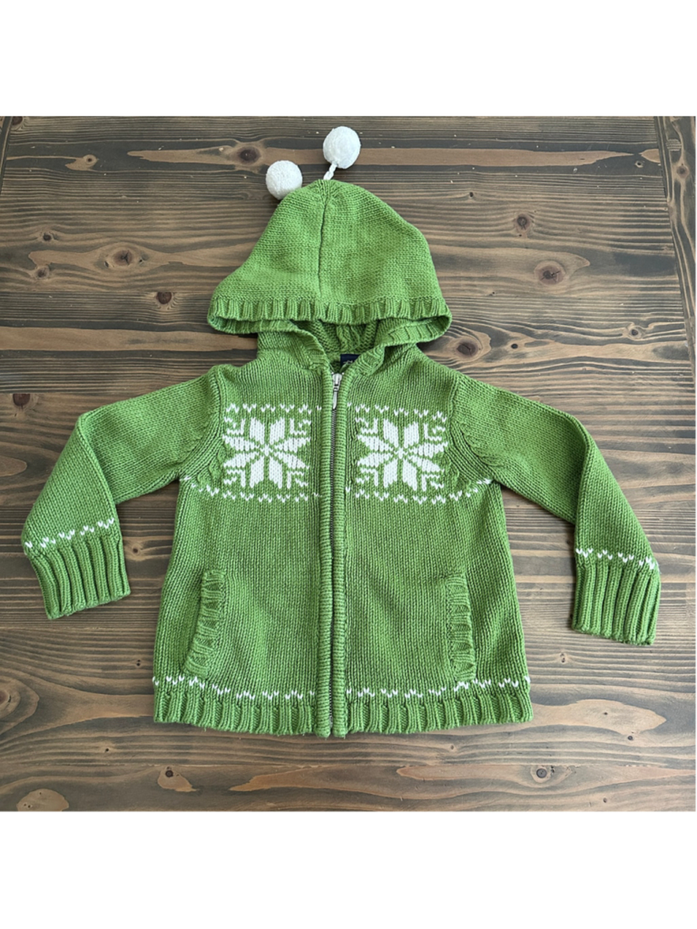 Girls Gap Kids Snowflake Sweater Hoodie XS 4 Green White Zip Up Pom Poms
